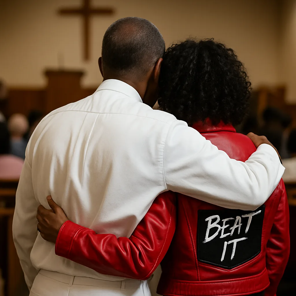 Ilustração de um pastor abraçando a fiel com jaqueta vermelha de "Beat It" (IA)