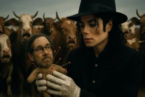 Michael Jackson segura um boneco de Spielberg enquanto vacas ao fundo fazem caretas surpresas.