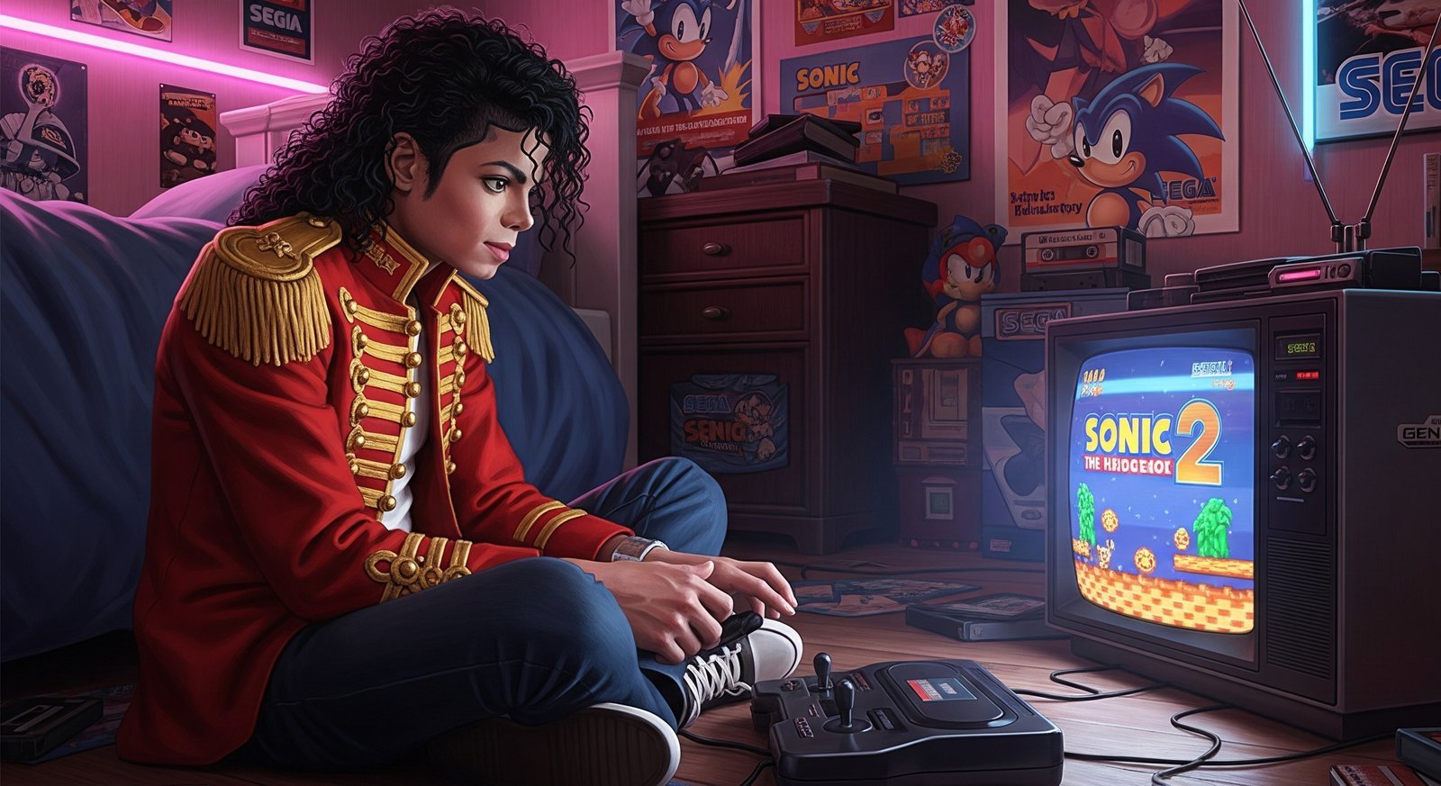 Michael Jackson jogando videogame SEGA (IA)