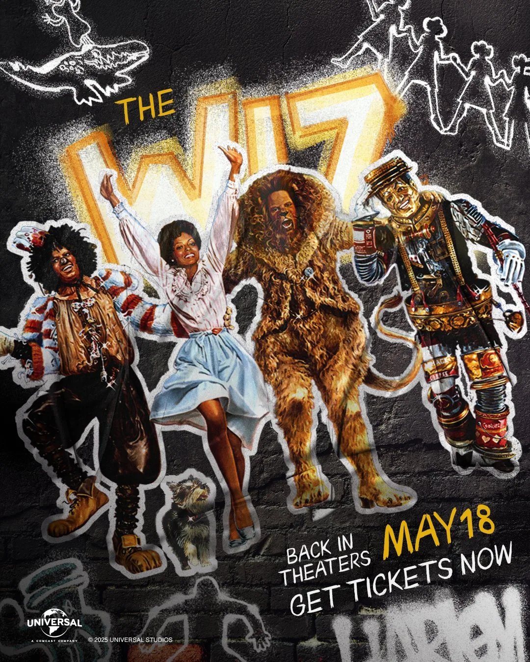 Pôster do relançamento de The Wiz com Michael Jackson e Diana Ross, estilo grafite, estreia 18 de maio nos EUA.