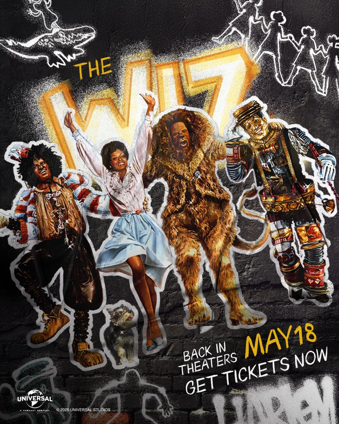 Pôster do relançamento de The Wiz com Michael Jackson e Diana Ross, estilo grafite, estreia 18 de maio nos EUA.