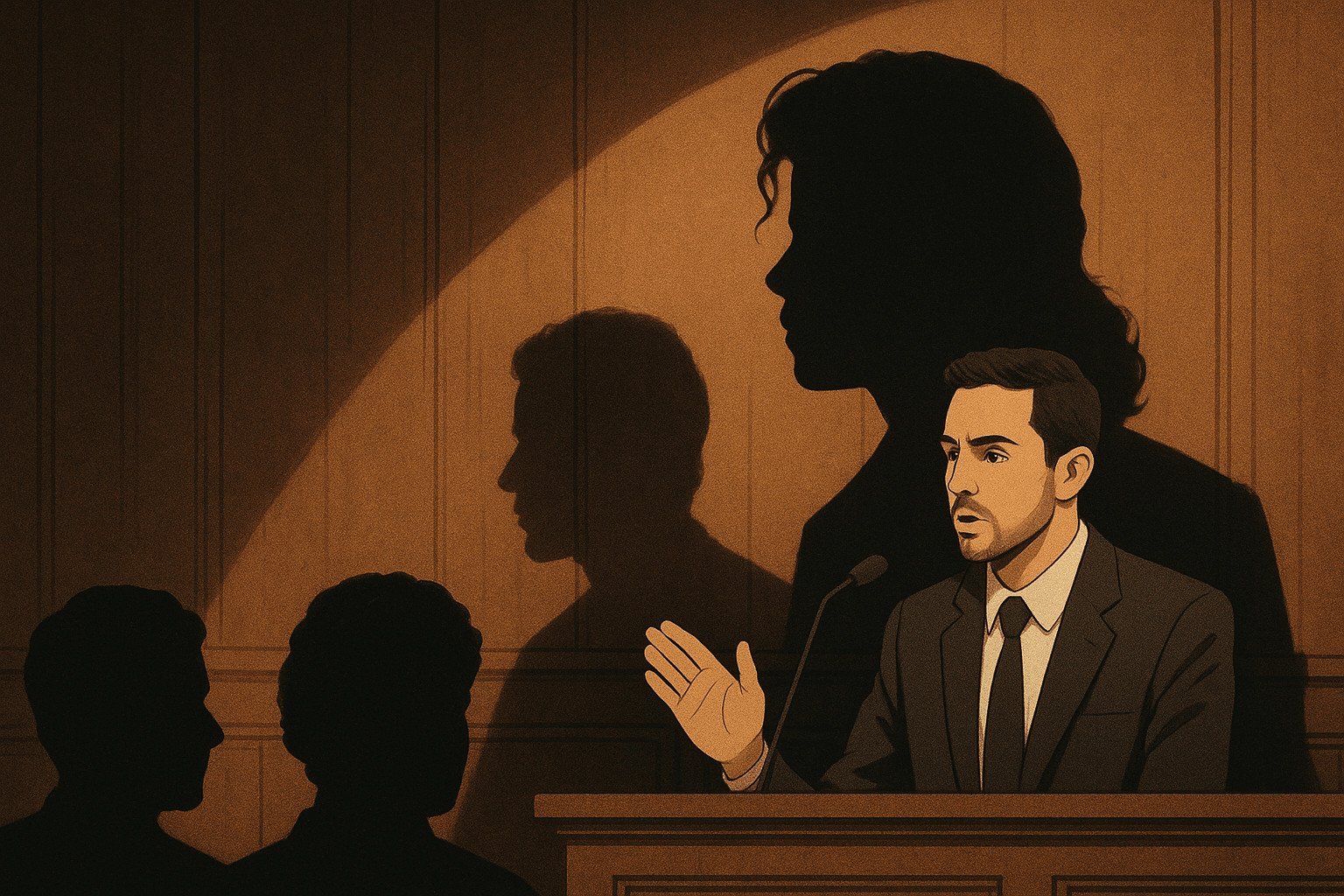 Ilustração de Wade Robson no tribunal às sombras de Michael Jackson (IA)