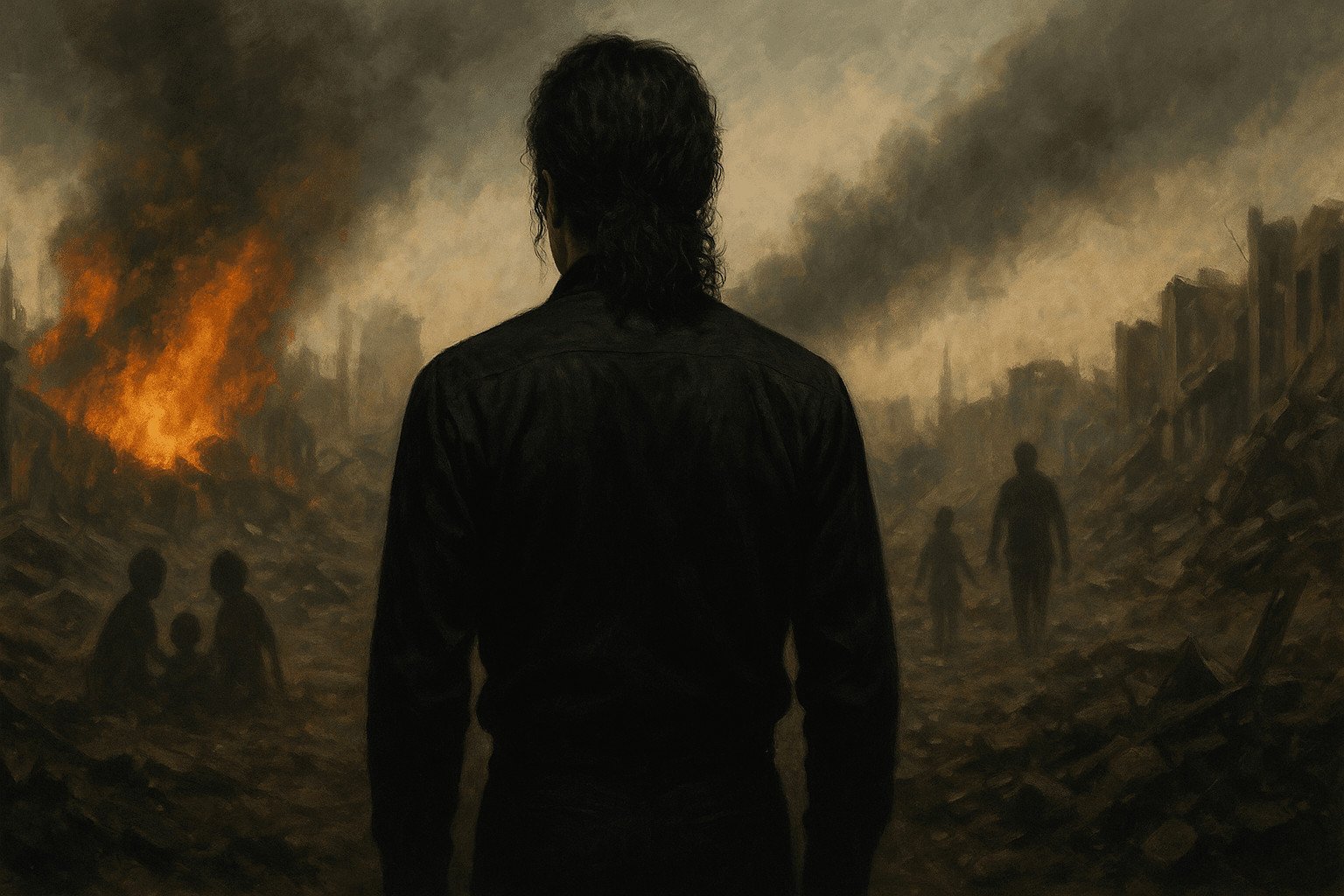 "We’ve Had Enough": A canção mais Política de Michael Jackson (sem ser panfletária) 1 Imagem ilustrativa de Michael Jackson observando uma área de Guerra (IA)