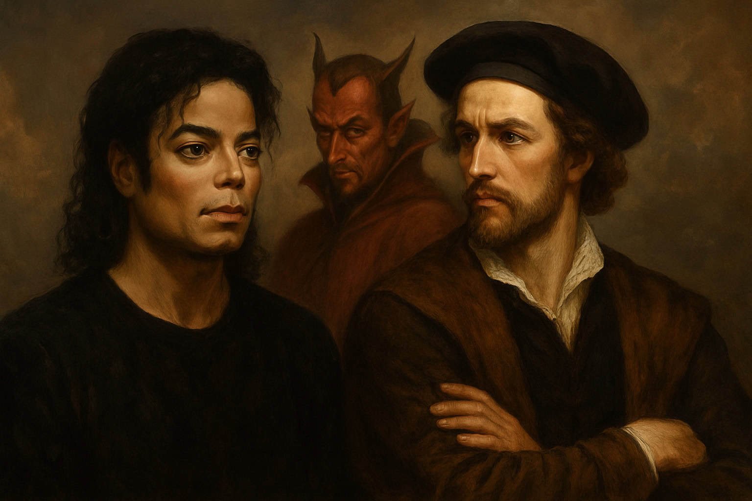 Michael Jackson e Fausto em um cenário simbólico sobre escolhas e integridade artística.