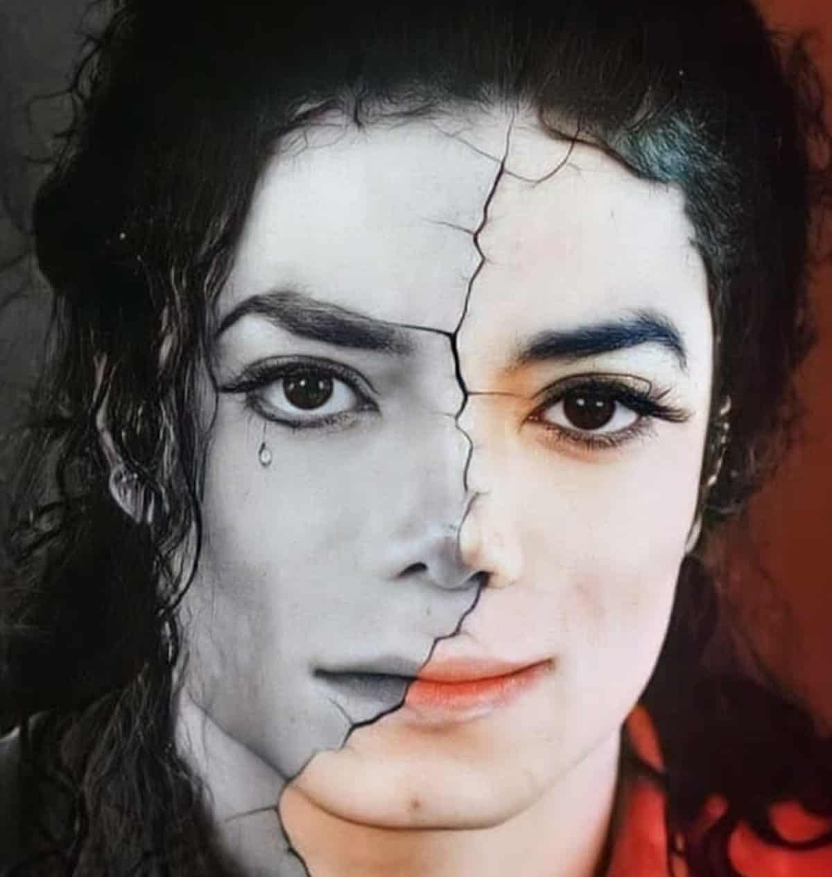 Michael Jackson em imagem representando um espelho quebrado com dois momentos.