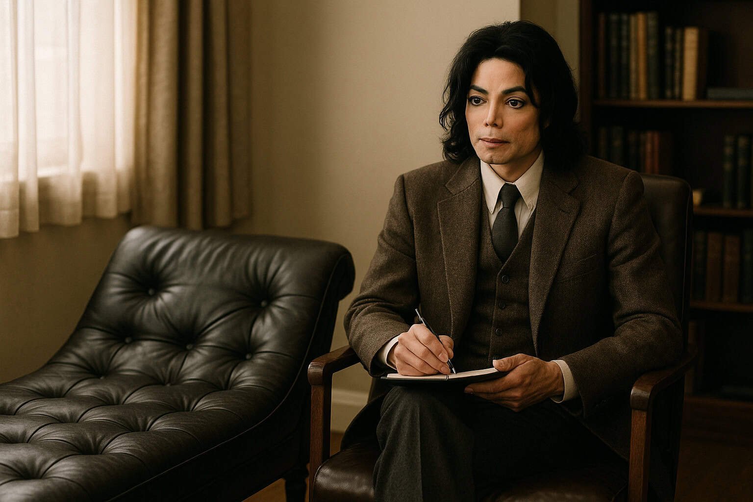Michael Jackson em um consultório de psicanálise, posicionado como psicanalista ao lado de um divã vazio, em um ambiente clássico de terapia.