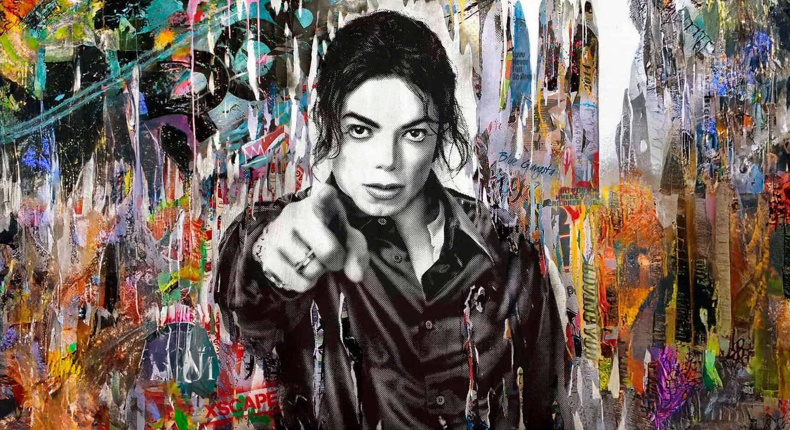 Arte de Michael Jackson por Mr. Brainwash para o álbum XSCAPE, com fundo colorido em estilo pop art.