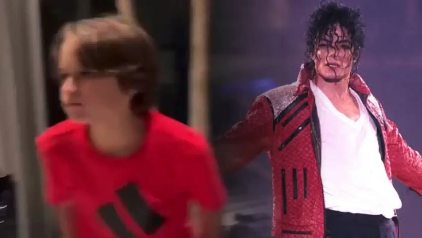 Imagem de Matteo, filho de Diego Ribas cantando "Beat It" numa montagem com Michael Jackson