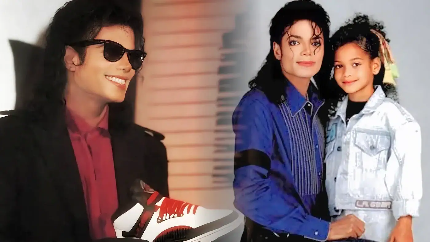 Montagem mostrando Michael Jackson sorrindo de óculos escuros segurando um tênis L.A. Gear e, ao lado, posando em estúdio com sua sobrinha Brandi Jackson, ambos em roupas jeans da campanha da marca no fim dos anos 1980.