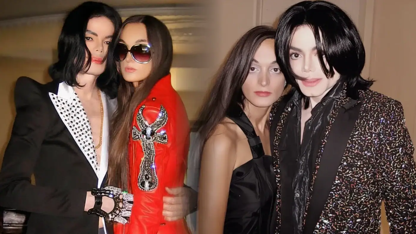 Montagem de duas fotos pessoais de Michael Jackson ao lado da stylist Rushka Bergman em 2007, ambos posando juntos em looks elegantes.