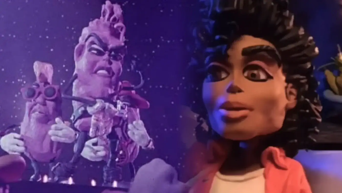 Boneco em claymation de Michael Jackson ao lado dos personagens California Raisins no comercial de 1989, com cenários roxos e atmosfera de show.