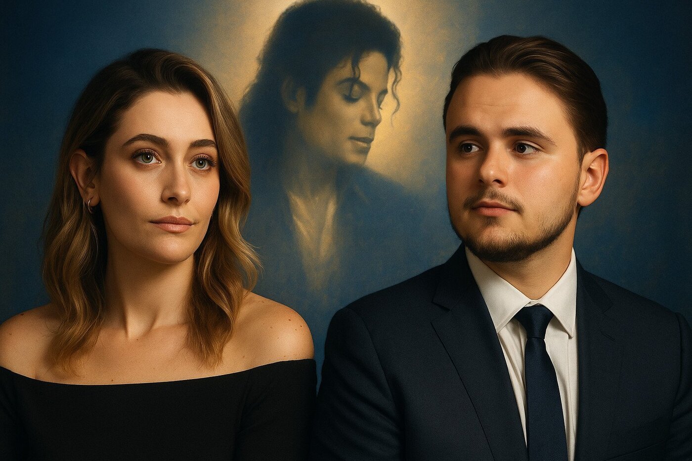 Ilustração de Paris e Prince Jackson em primeiro plano e Michael ao fundo.