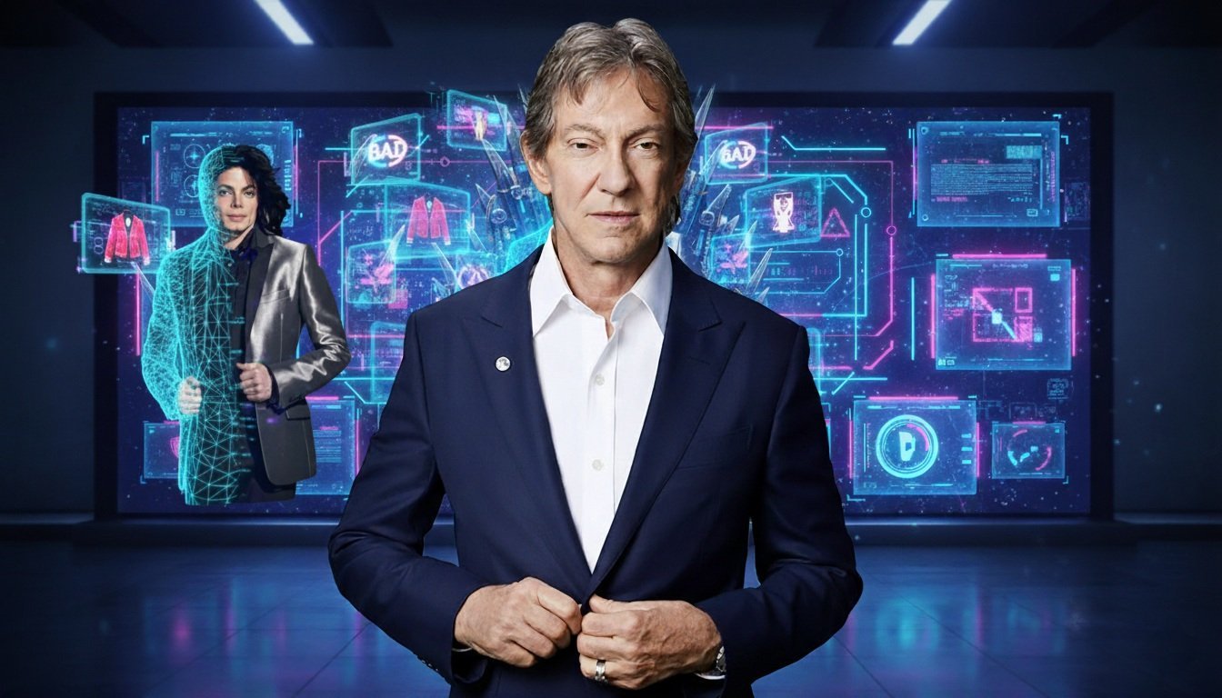 John Branca em primeiro plano em frente a uma tela com imagens computacionais de Michael Jackson e relacionados. Prevalência de Azul e Rosa, Estilo "Cyberpunk 2077" nas cores e layout.