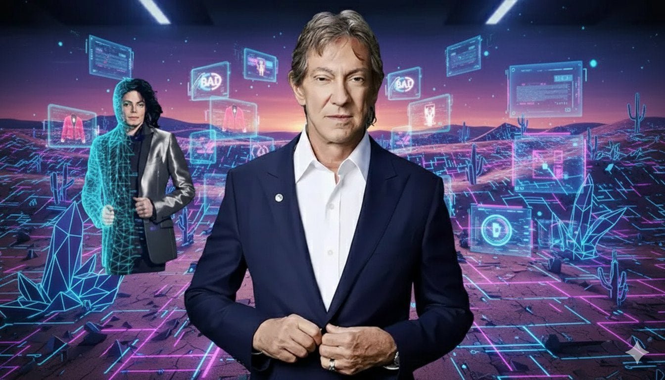 John Branca em primeiro plano em frente a um deserto digital com imagens computacionais de Michael Jackson e relacionados. Prevalência de Azul e Rosa, Estilo "Cyberpunk 2077" nas cores e layout.