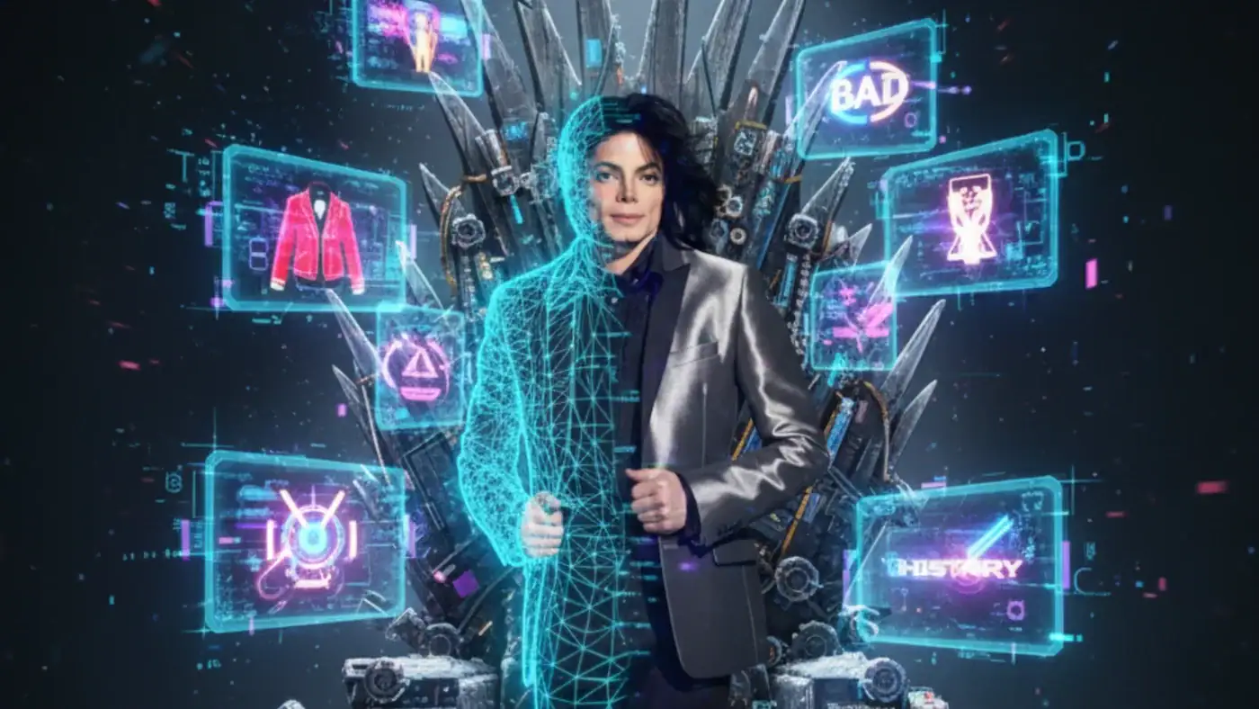 Montagem digital de Michael Jackson em frente a um trono futurista, metade do corpo real e metade em wireframe neon azul, cercado por hologramas com ícones de sua carreira como Thriller, Bad e HIStory.