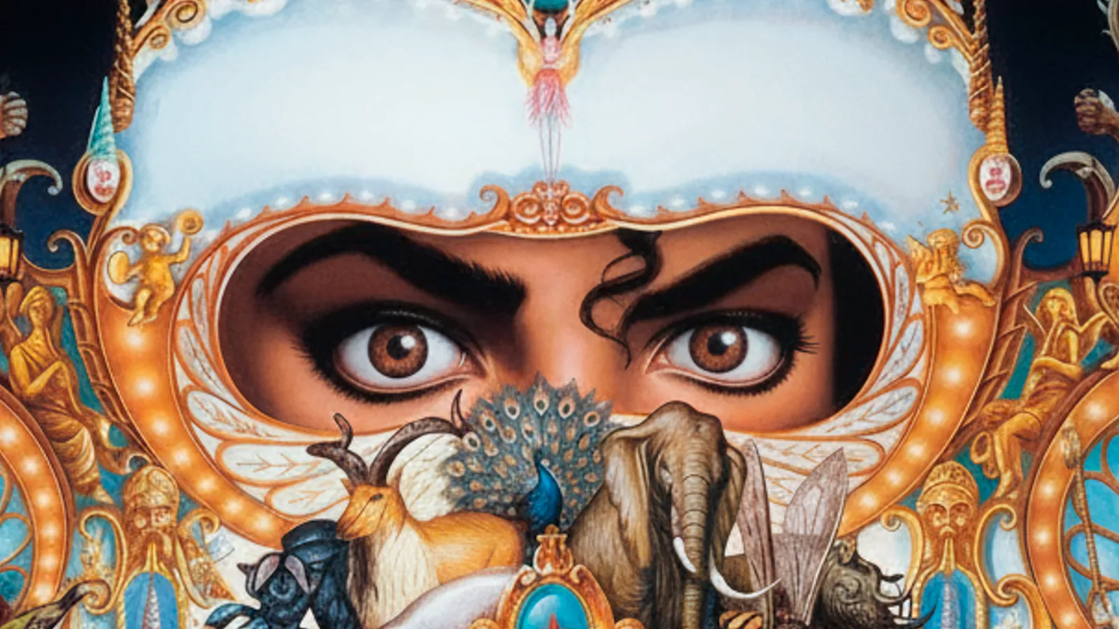 Close dos olhos de Michael Jackson na arte do álbum Dangerous, com expressão intensa de susto e elementos surrealistas ao redor.