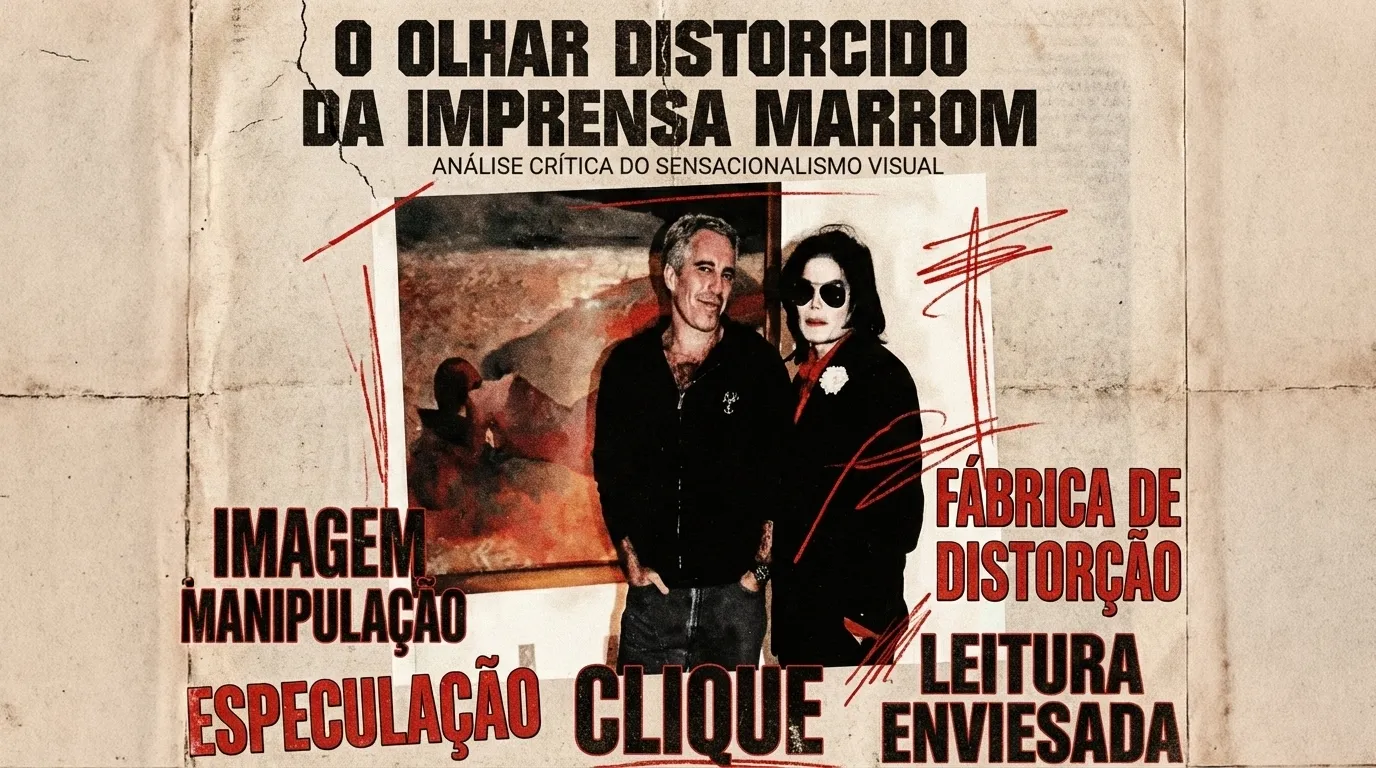 Michael Jackson nos Arquivos Epstein? 1 Capa em estilo editorial investigativo, com aparência de jornal antigo e textura envelhecida. Ao centro, uma fotografia de arquivo mostra Michael Jackson ao lado de um homem em ambiente interno, diante de uma pintura abstrata na parede. A imagem aparece como um recorte visual analisado criticamente, cercado por marcas gráficas vermelhas que remetem a rabiscos e intervenções de tabloide. Textos em destaque ao redor dizem “Imagem”, “Manipulação”, “Especulação”, “Clique”, “Fábrica de distorção” e “Leitura enviesada”, reforçando a crítica ao sensacionalismo da imprensa marrom e ao uso distorcido de fotografias fora de contexto.