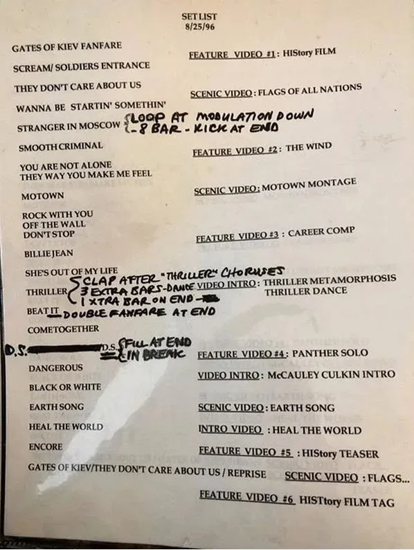 H1-1 Arquivo raro revela setlist original da HIStory World Tour de Michael Jackson