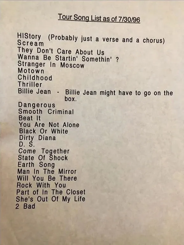 H2 Arquivo raro revela setlist original da HIStory World Tour de Michael Jackson