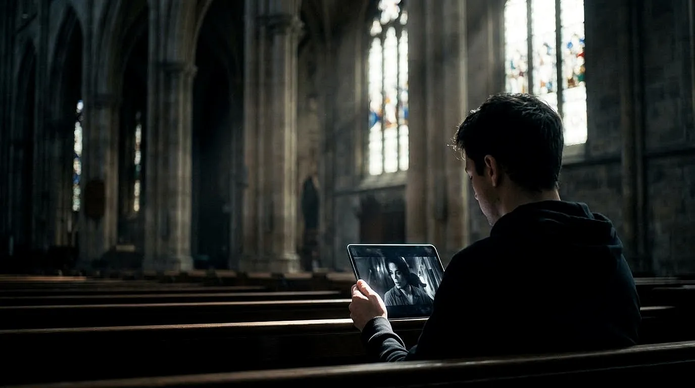 Imagem ilustrativa de uma pessoa assistindo ao clipe de XSCAPE criado por fãs num local religioso. Criado por IA.